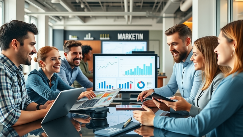 A dynamic marketing team collaborating on laptops and tablets, discussing strategies for repurposing blog content for social media platforms in a modern open office with digital screens displaying social media metrics.