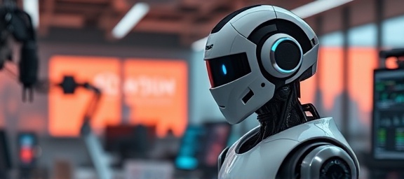 digital innovation, focused expression, developing, photorealistic, tech startup office with robots and AI interfaces, highly detailed, prototype testing, shot with a 40mm lens, vibrant, backlighting
