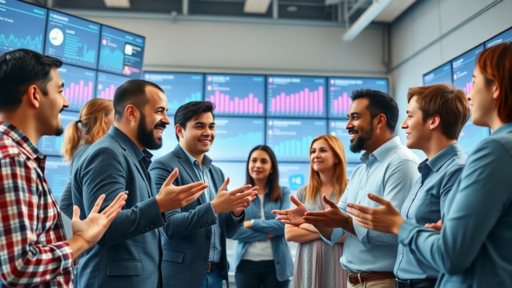 Vibrant social media dashboard, team boosting conversions with targeted campaigns and analytics