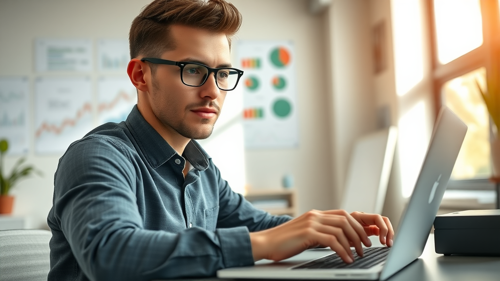 Young entrepreneur confidently typing on a laptop in a sunlit modern office - blogging tips for entrepreneurs