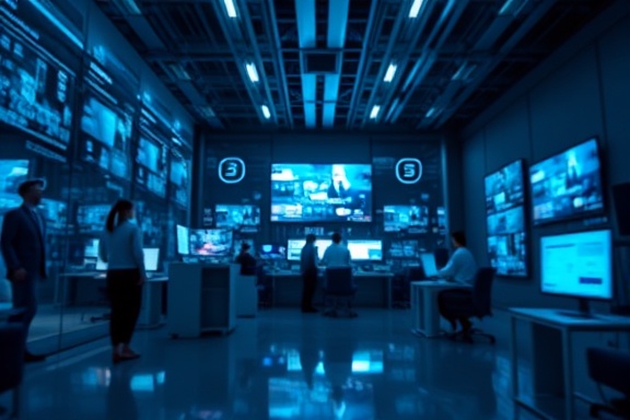 dynamic website channels, engaging, streaming content, photorealistic, futuristic tech office space with LED screens and modern furnitures, highly detailed, people interacting with digital devices, depth of field, cool blue and grey tones, soft indoor lighting, shot with a 35mm prime lens.