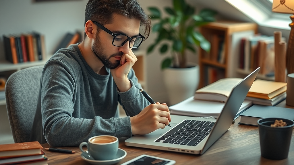 Content writer drafting local blog post on laptop with coffee in a cozy home office