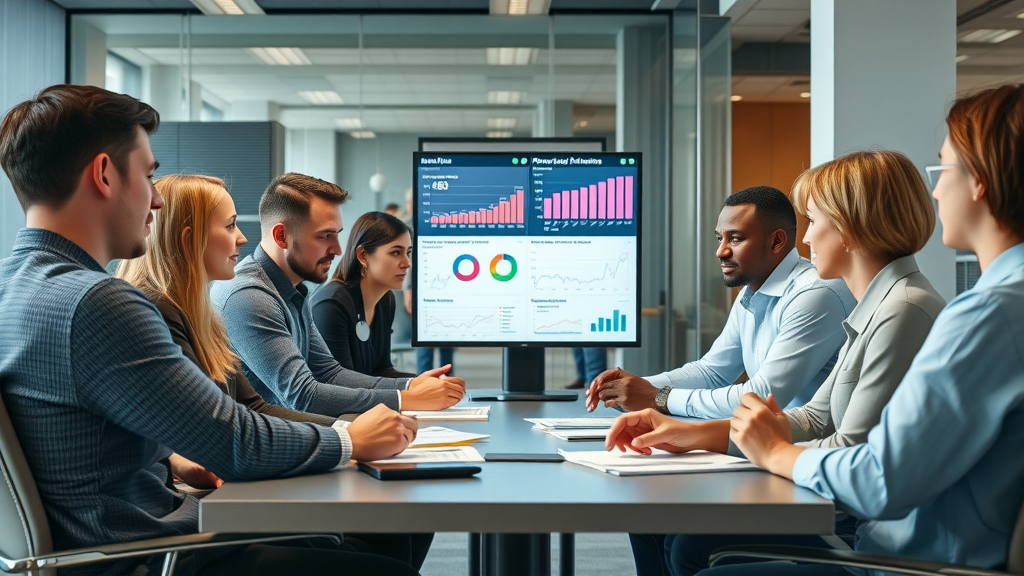 Professional business meeting analyzing content marketing tips performance metrics in a modern office
