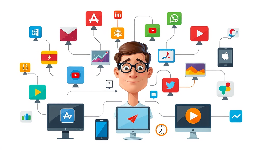 vivid icons representing different digital marketing platforms, retargeting ad examples, concept map, digital marketing platforms