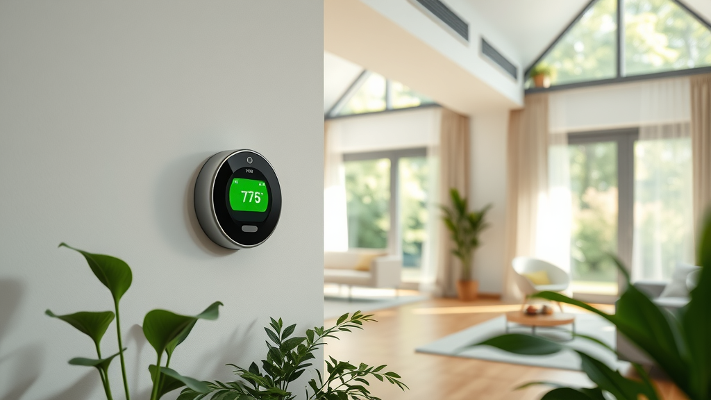 Smart thermostat and plants highlight eco-friendly HVAC solutions at home