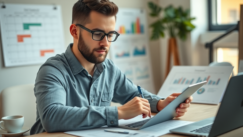 ambitious entrepreneur taking notes during an online digital marketing strategy session for service businesses, modern workspace with digital calendar and charts