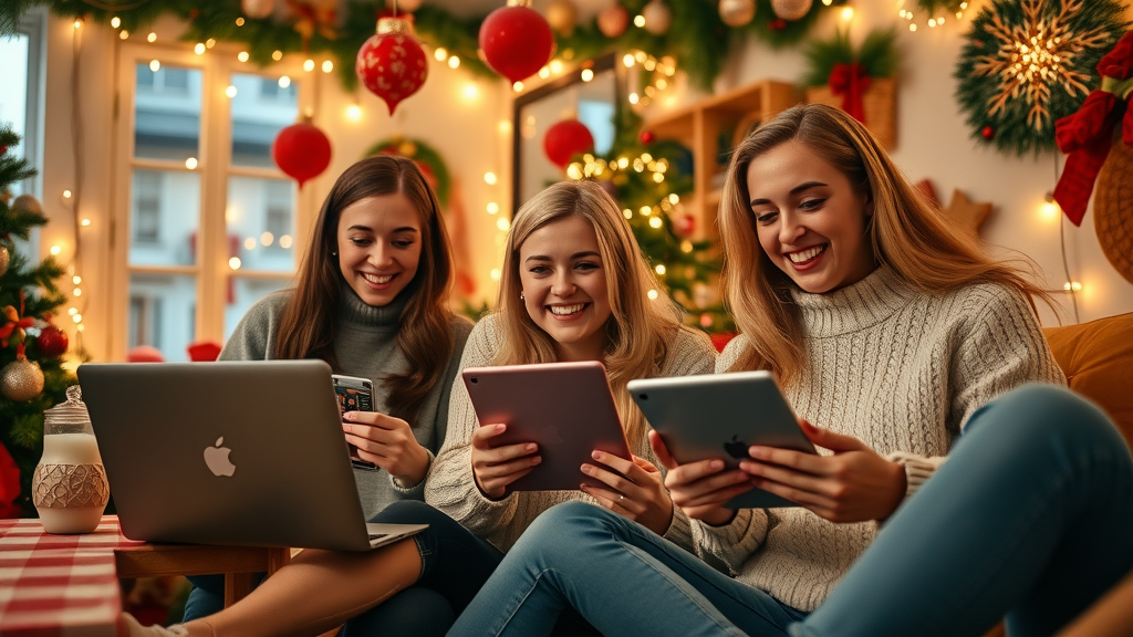 festive bloggers preparing seasonal blog content ideas for holidays in a decorated room with laptops