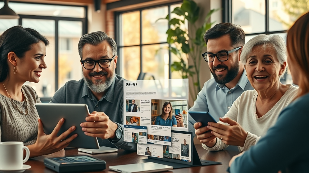 collage of small business owners and local residents engaging with a news site, community-driven, media site design tips