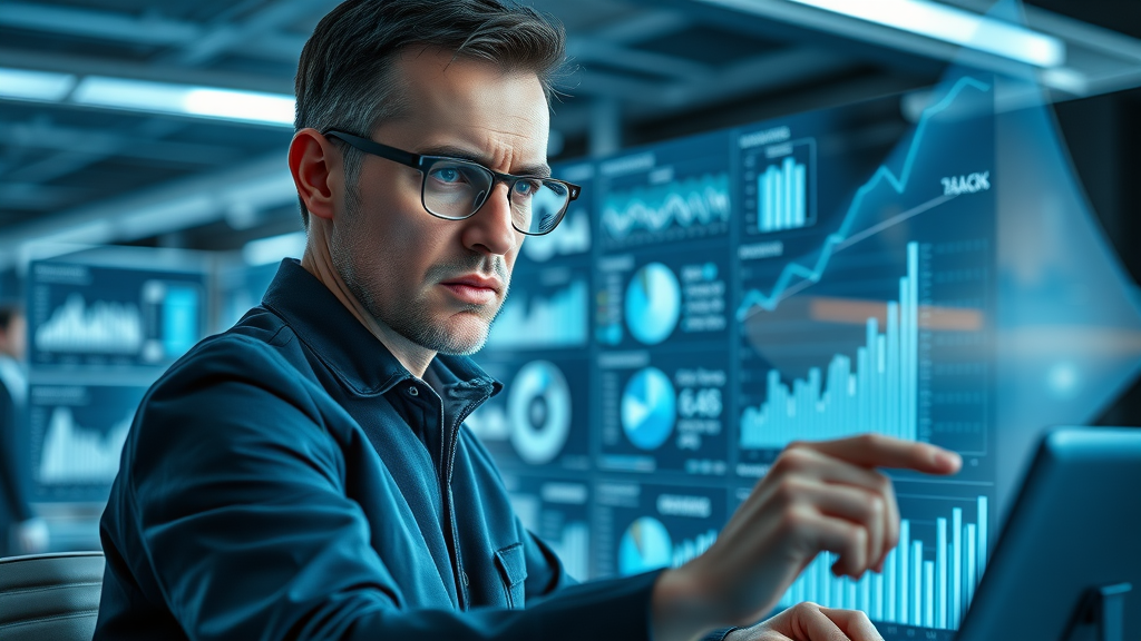 analytics specialist analyzing social media content marketing key metrics on futuristic dashboard