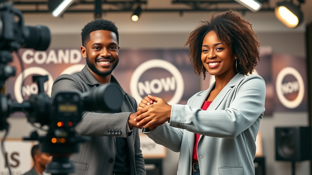 micro and macro influencers collaborating to boost engagement on social media in modern studio setting