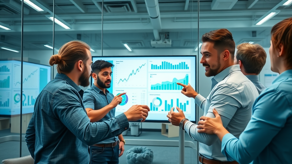 Marketing team analyzing conversion rate strategies, split test results, and benchmarks for optimization