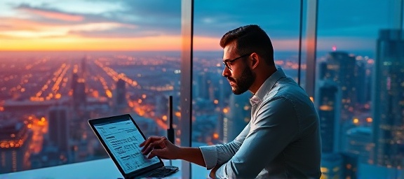 futuristic office worker, determined, reviewing an internet presence report, photorealistic, modern office overlooking a sprawling digital cityscape, highly detailed, vibrant city lights twinkling, full HD, warm orange, dusk glow, shot with a standard lens