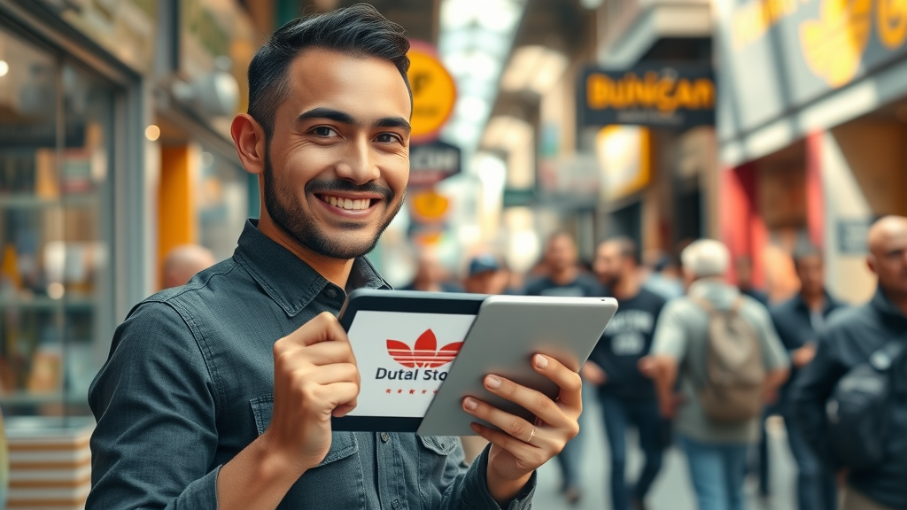 small business owner holding branded tablet digital branding for small businesses