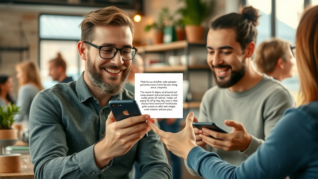 local business advertising happy local customers persuasive ad copy smartphone cafe interaction