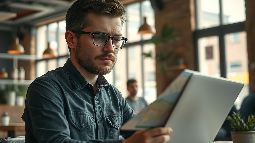 building-local-media-platforms challenged entrepreneur planning local strategy in a coffee shop on a digital map