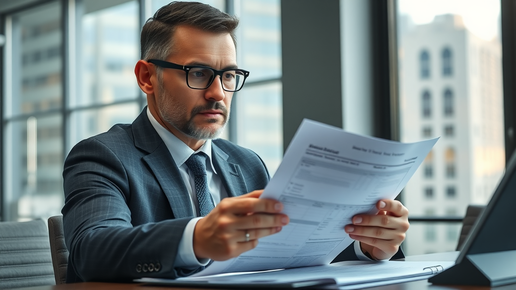 serious business consultant reviewing compliance checklist, legal and compliance issues in monetizing branded media sites