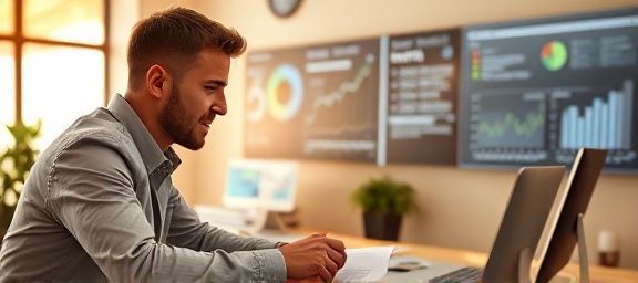 innovation growth, determined expression, strategizing, photorealistic, co-working space with interactive displays, highly detailed, growth progression graphs, shot with a 24mm lens, warm hues, natural sunlight