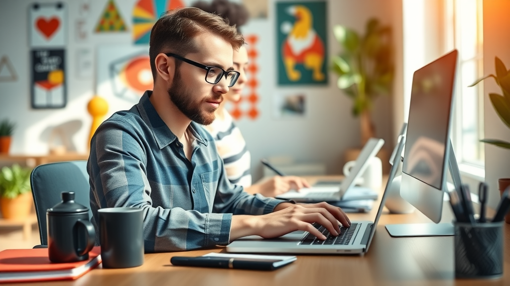vibrant desk workspace with focused blogger typing on laptop, blog content ideas inspiration, modern office, coffee mug and sunlight