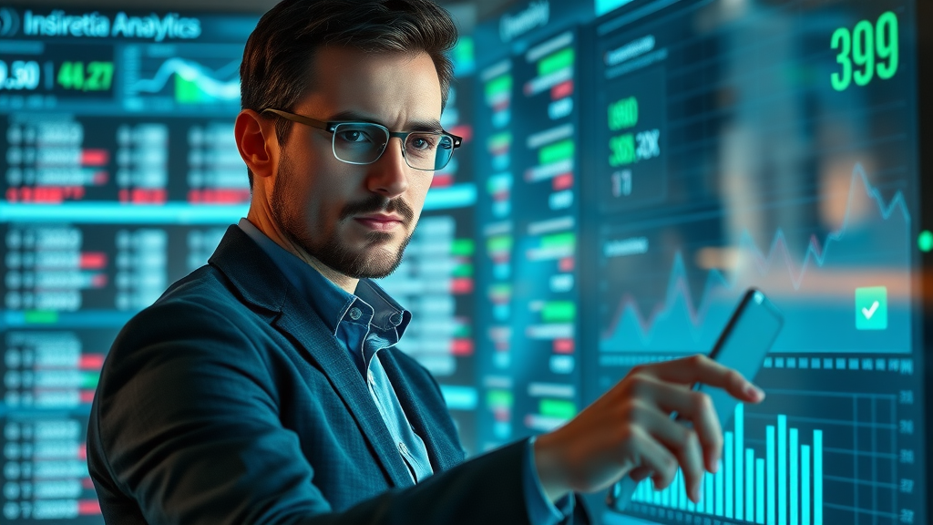 tech-savvy analyst examining social media analytics dashboard with glowing transparent screens and digital metrics in blue green hues