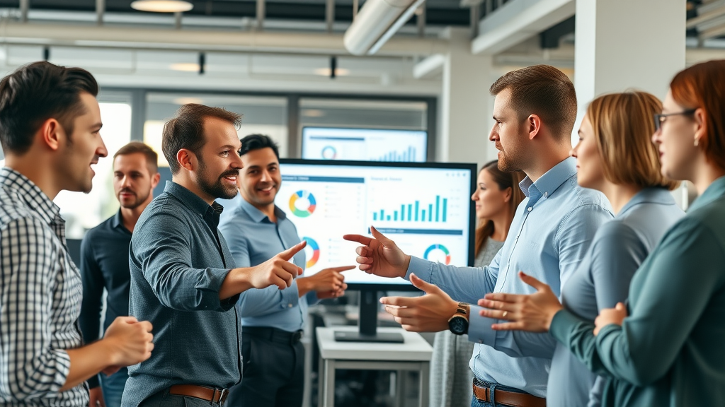 digital marketers collaborating on customer segmentation for retargeting in a modern office, data dashboards and segmentation charts
