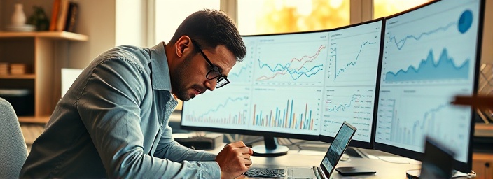 digital detective, curious, reviewing page metrics, photorealistic, cluttered desktop with various analytics graphs, highly detailed, real-time data overlays, 16k resolution, pale yellow, natural window lighting, shot with a telephoto lens