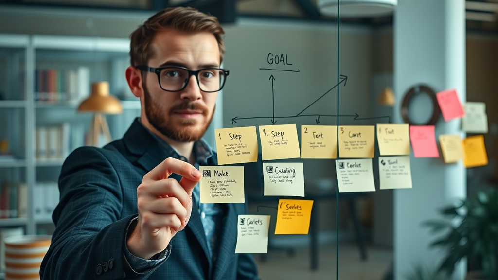 goal-oriented marketer mapping a seven-step content marketing strategy on glass board