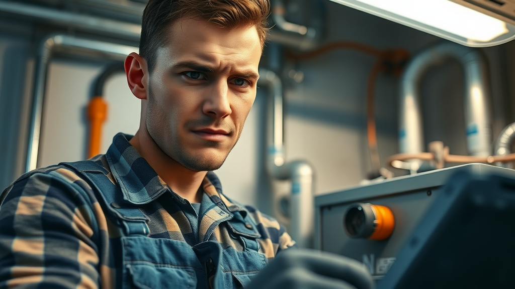 Emergency HVAC repairs technician fixing furnace in home mechanical room