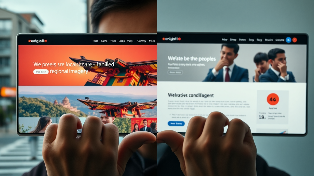 split-screen comparison of website layouts: localized vs. generic, community features, media site design tips