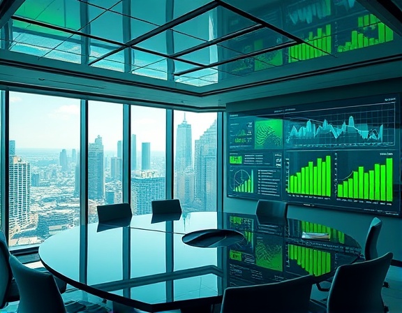 innovative digital channels, immersive, presenting analytics, photorealistic, sleek conference room overlooking a city skyline, highly detailed, graphs and charts displayed on large digital boards, high clarity, vibrant green and blue hues, natural daylight streaming through windows, shot with a 50mm standard lens.