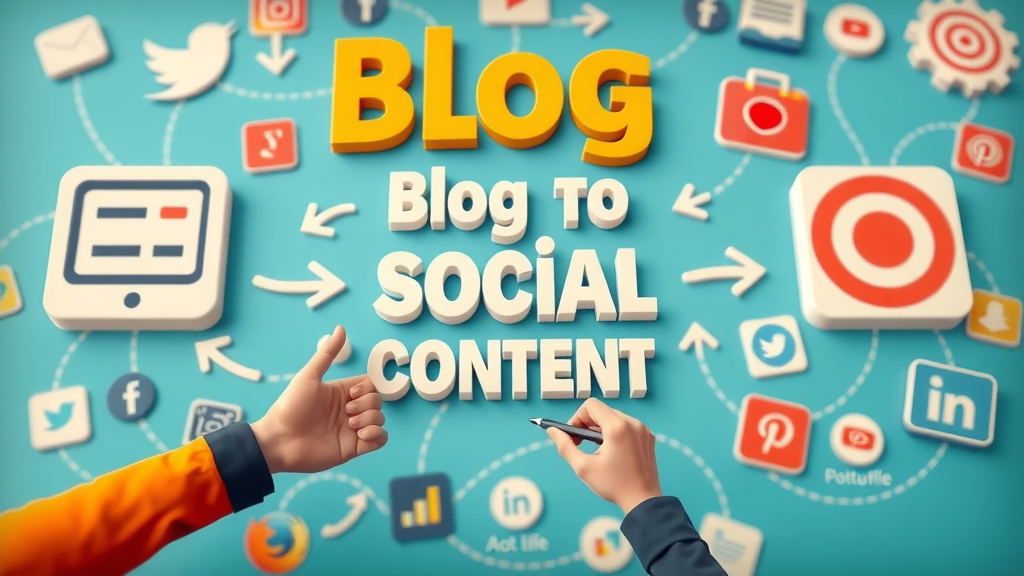 infographic visually explaining flow from blog post to various social media platforms with arrows and icons like Twitter, Facebook, Instagram, LinkedIn, Pinterest, in bold colors