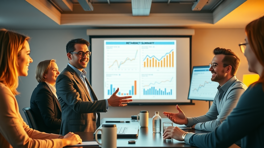 confident marketing professional presenting a retargeting ad performance summary, optimistic team, retargeting ad