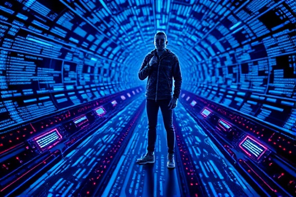 cyber avatar, confident, scanning digital footprints, photorealistic, virtual space with glowing pixel patterns, highly detailed, swirling data streams, ultra-high-definition, electric blue, neon backlight, shot with a wide-angle lens