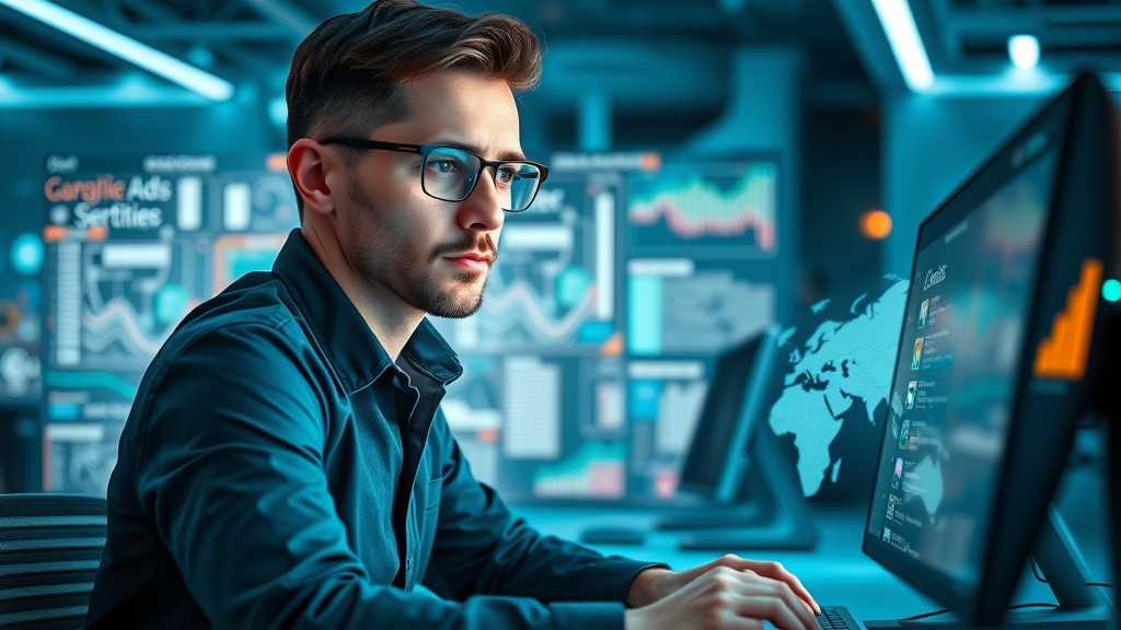 Focused digital marketer setting up geo-targeted Google Ads campaign for local business marketing