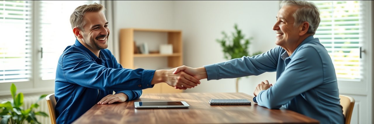 HVAC technician and homeowner smiling, shaking hands in sunlit home, eco-friendly HVAC solutions.
