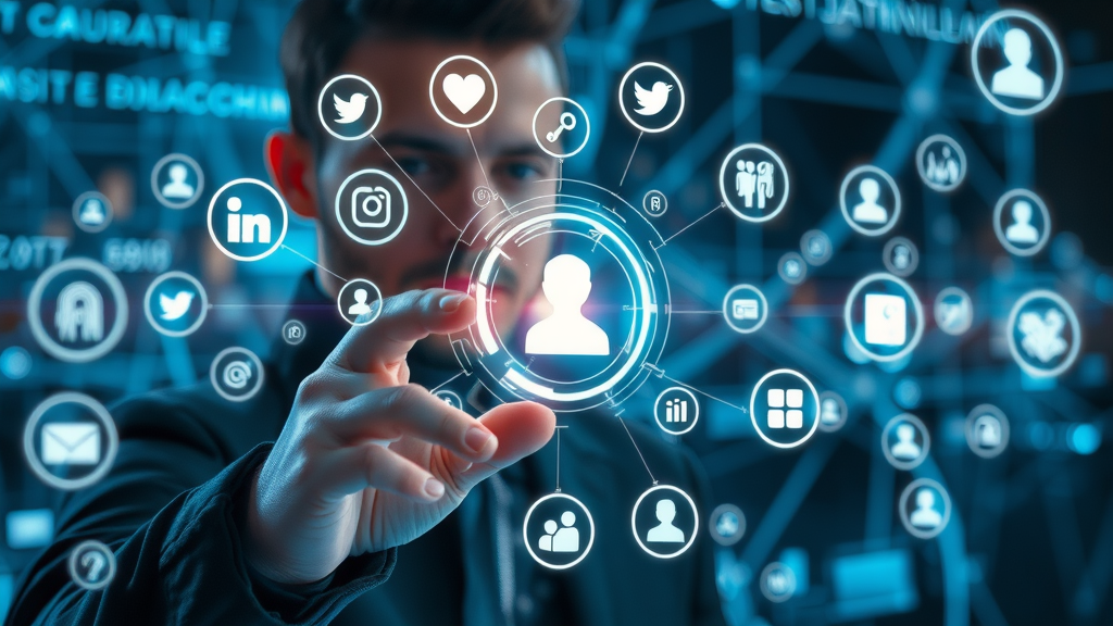 futuristic AI interface analyzing social media data streams from multiple platforms, dynamic network of icons, cool electric blues and silvers