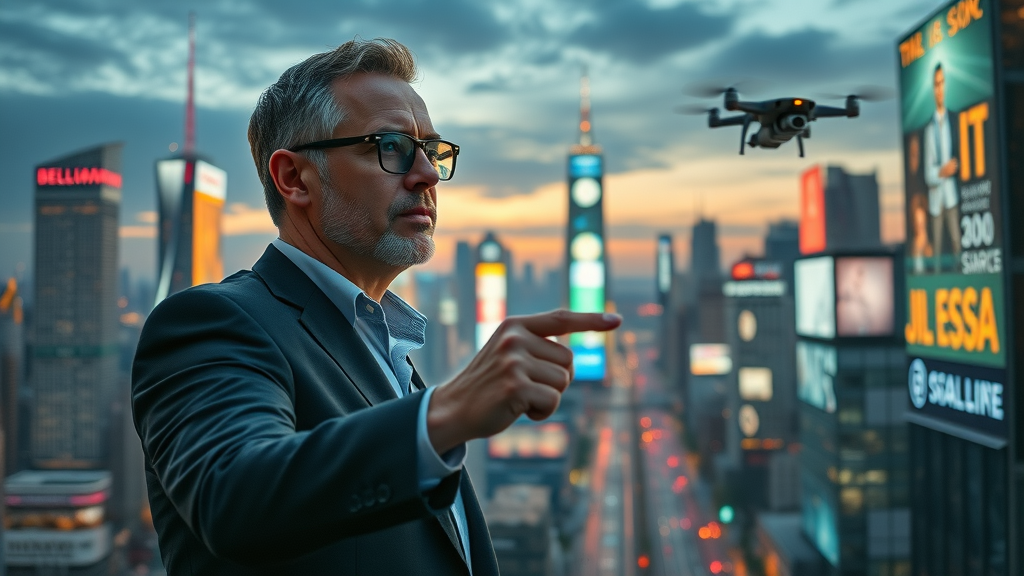 Visionary marketing leader pointing to future digital innovations for content marketing tips in a futuristic cityscape