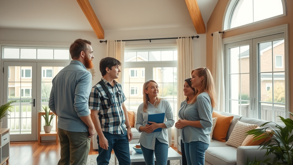 Family observes emergency HVAC repair inside their bright modern home.